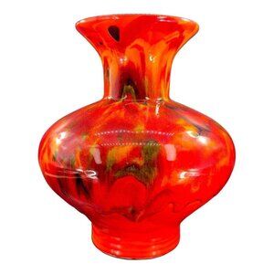 1960s Mid Century Flambe Red Drip Glaze Large Pottery Ceramic Vase Vintage 9”T
